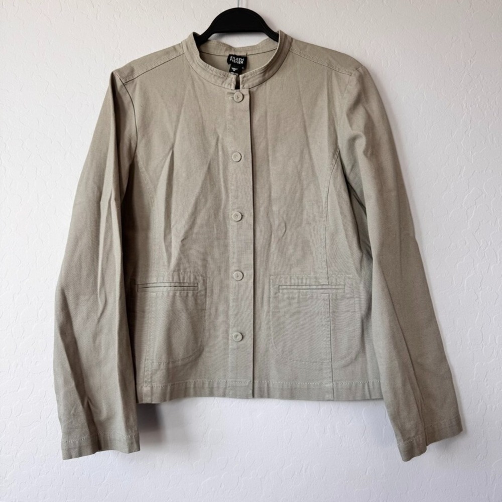 Eileen Fisher Medium Jacket Sage Green Long Sleeve MandarinCollar Cotton Stretch